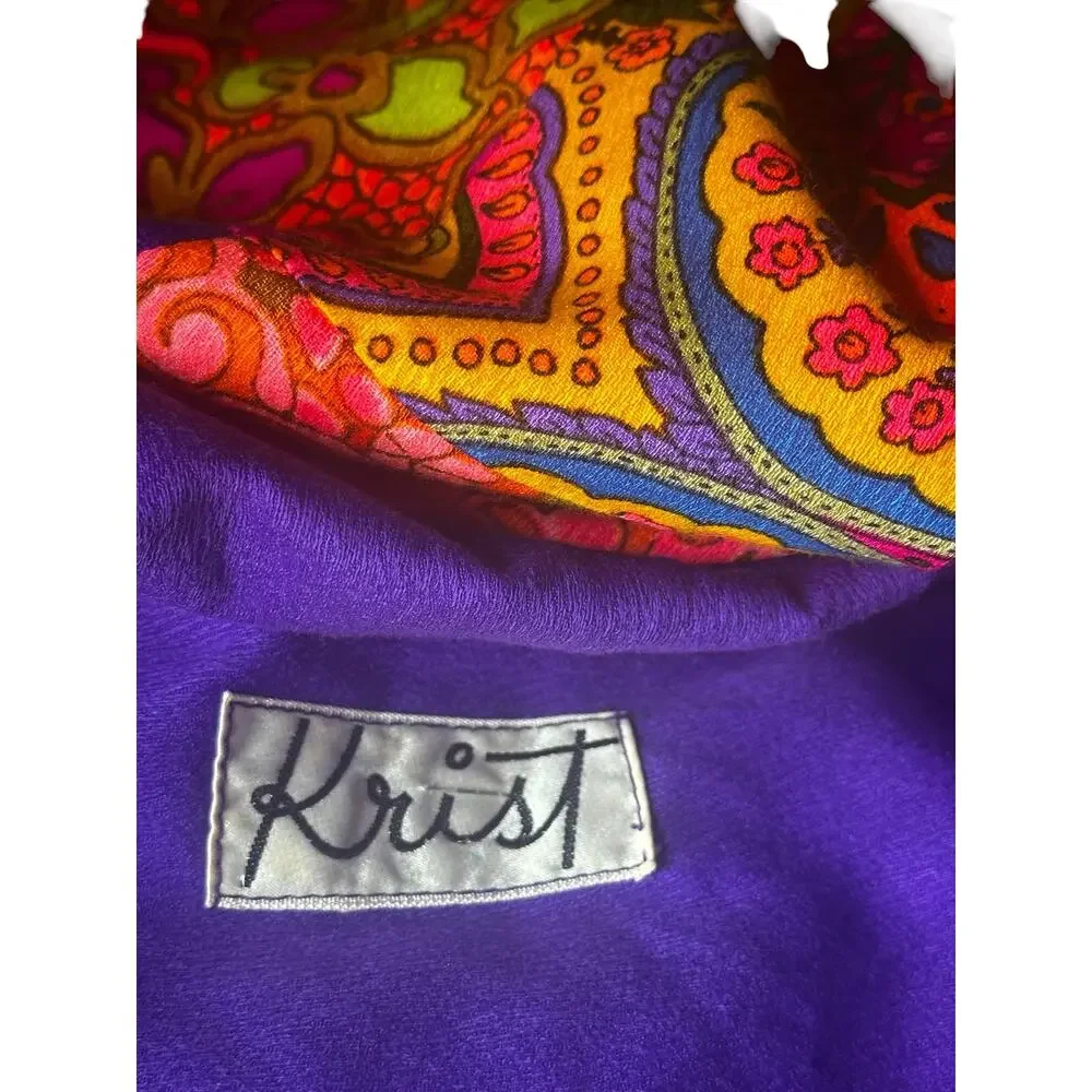 Vtg 1970s Krist Psychedelic Patchwork Maxi Dress Acrylic Barkcloth psychedelic